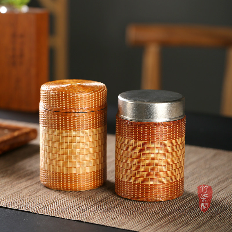 手工竹编竹丝纯钛茶叶罐小号便携茶叶储存罐密封罐普洱茶竹筒茶罐