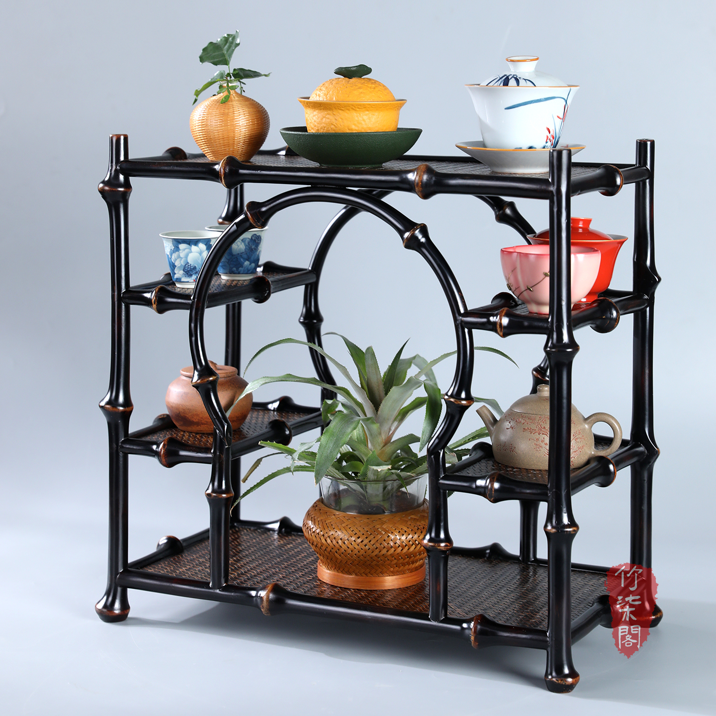 大漆筇竹博古架杯架茶具收纳展示