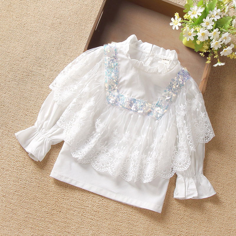 春秋装女童衬衫长袖棉布蕾丝套头韩版立领衬衣重工亮片甜美上衣