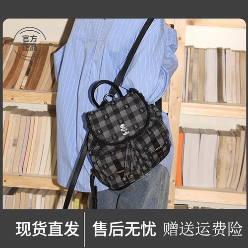 格纹牛仔抽绳包双口袋流苏大容量