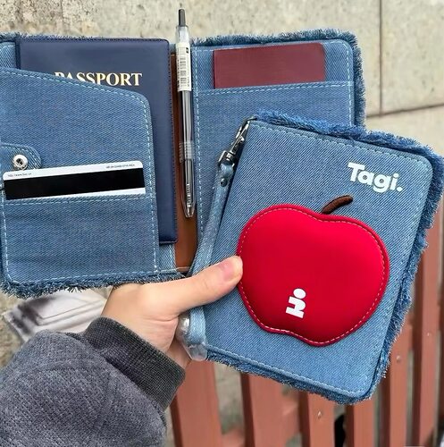 Tagi.《苹苹安安》珍珠牛仔流苏旅行护照夹收纳包礼物证件卡包