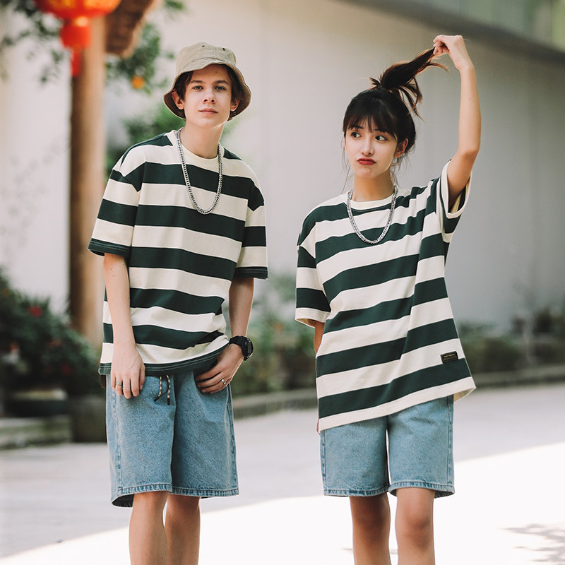 小麦一番日潮撞色粗条纹圆领短袖男女款宽松休闲青年学生情侣T恤
