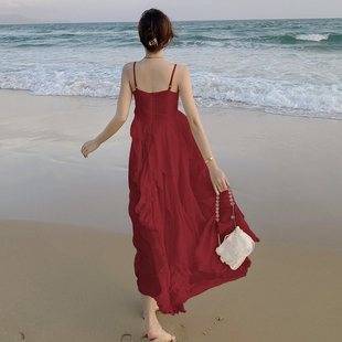 红色沙滩裙女 海边红裙旅游沙漠穿搭吊带连衣裙适合大理洱海拍照