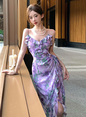 紫色沙滩裙深V战裙仙女裙出游度假连衣裙适合海边拍照的衣服裙子