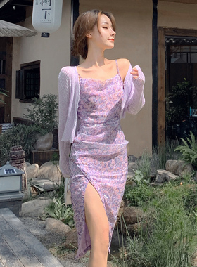 碎花度假连衣裙女沙滩裙仙女裙吊带海边紫色裙子高级感套装两件套
