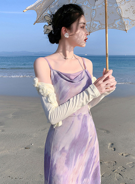 紫色沙滩裙海边度假穿搭氛围感两件套旅游穿搭套装仙女吊带连衣裙