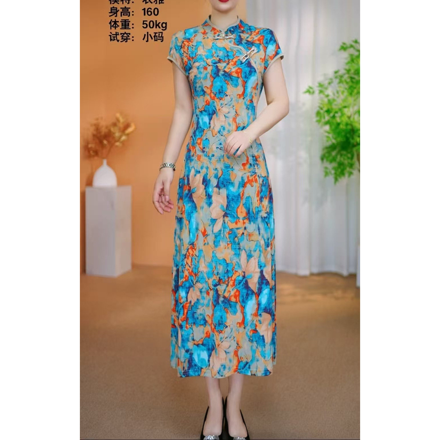 潮唯品会特卖清仓处理断码短袖旗袍真丝桑蚕丝连衣裙女装品牌正品