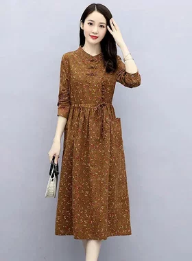 唯品会特卖特价处理断码长袖碎花棉麻连衣裙女装品牌新款