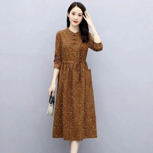 唯品会特卖特价处理断码长袖碎花棉麻连衣裙女装品牌新款