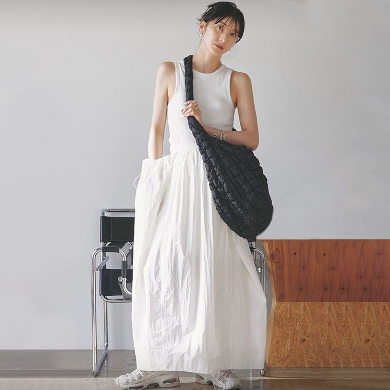 新款日系风无袖侧插袋高腰修身