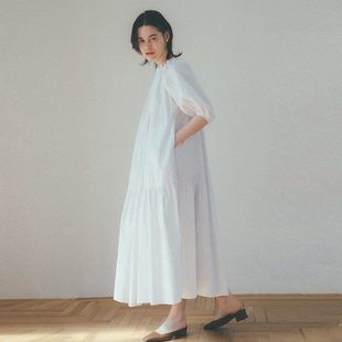 现货CLANE松本惠奈连衣裙 新款圆领小花边褶皱大裙摆过膝长裙女