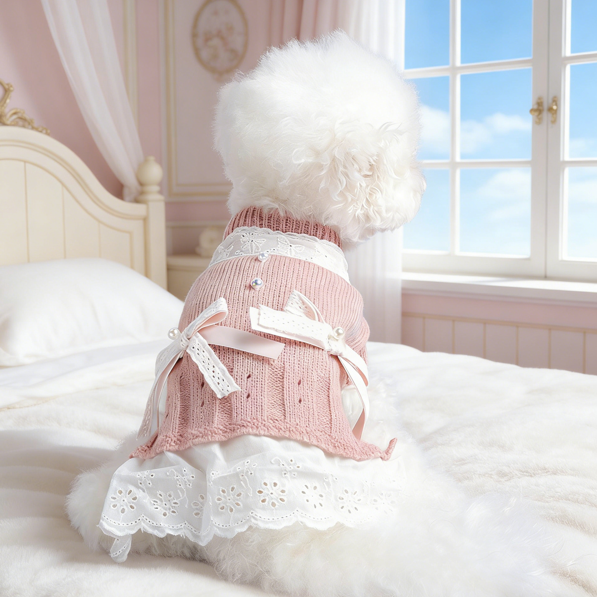 泡米酱淑女毛线裙宠物衣服狗泰迪比熊猫秋蝴蝶结珍珠粉色套头针织,宠物/宠物食品及用品,狗宠物服装/雨衣,淘宝优惠券,粉丝福利购,淘宝优惠卷