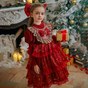 正品女童冬装红色满天星新年装公主裙 冬季洛丽塔女孩毛衣连衣裙