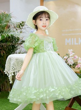 女童公主裙夏  夏装新款洋气儿童绿色蝴蝶六一礼服小女孩连衣裙子