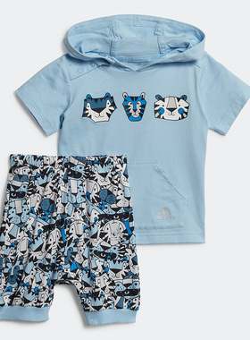 Adidas/阿迪达斯正品夏新款休闲男女婴童运动连帽短袖套装 H65809