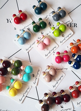 包邮韩国进口东大门耳饰光面双球圆球前后大小球耳钉耳环防过敏针