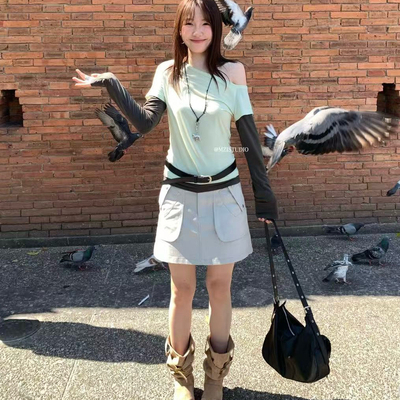 MZI STUDIO-感欧尼羊毛撞色假两件套头长袖T恤（含19羊毛）MZ8836