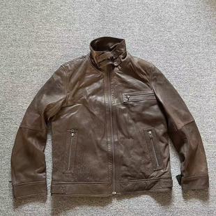 孤品 复古水洗机车服外套 外贸秋冬立领多兜工装 真皮皮衣夹克衫