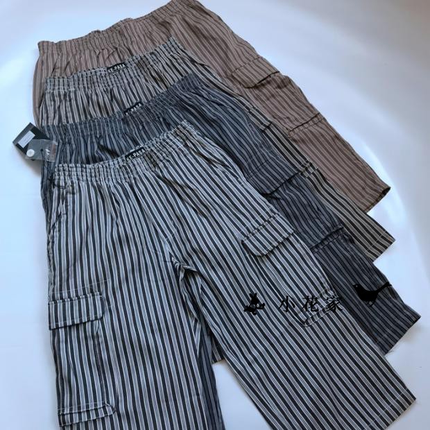 外贸男士夏季户外细条纹多口袋工装马裤中裤松紧腰大码直筒七分裤