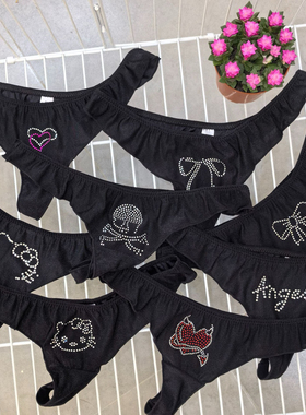 璇娟闪钻喵系列*辣妹细带性感低腰丁字裤Tback可爱KT猫烫钻黑白色