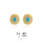 六芒星花 邱黎 优雅古典磨砂椭圆美松绿松石耳钉1h6887