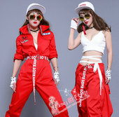 中国风舞蹈演出服爵士跳舞kpop女团打歌服嘻哈街舞红色连体工装 裤