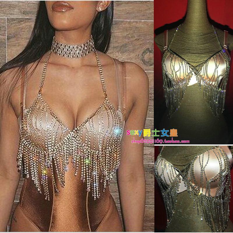 金色闪亮钻文胸链欧美性感舞台装身体链夜店女歌手DJgogo演出服饰