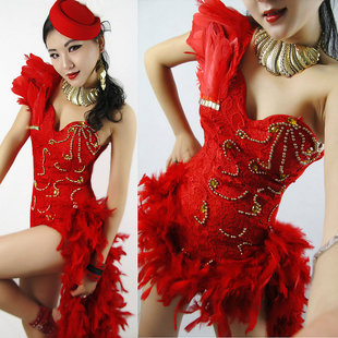新款 夜店蕾丝DJ女歌手酒吧ds演出服羽毛大气拖尾爵士舞台连体套装