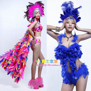 夜店新款定制大气DJ女歌手演出服性感ds舞台套装嘉宾走秀羽毛拖尾