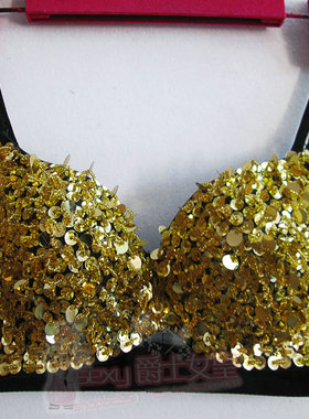 酒吧DJ女歌手ds演出服新款舞台装现代舞镭射亮片金色文胸gogo表演