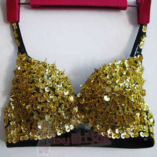 酒吧DJ女歌手ds演出服新款舞台装现代舞镭射亮片金色文胸gogo表演