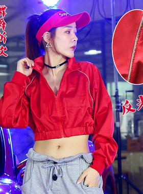 美式机车风红色工装外套女短款夹克jazz跳舞上衣街舞服女团演出服