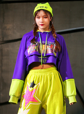 美式炸街痞帅紫色hiphop卫衣女街舞穿搭短款拼色长袖爵士舞上衣冬