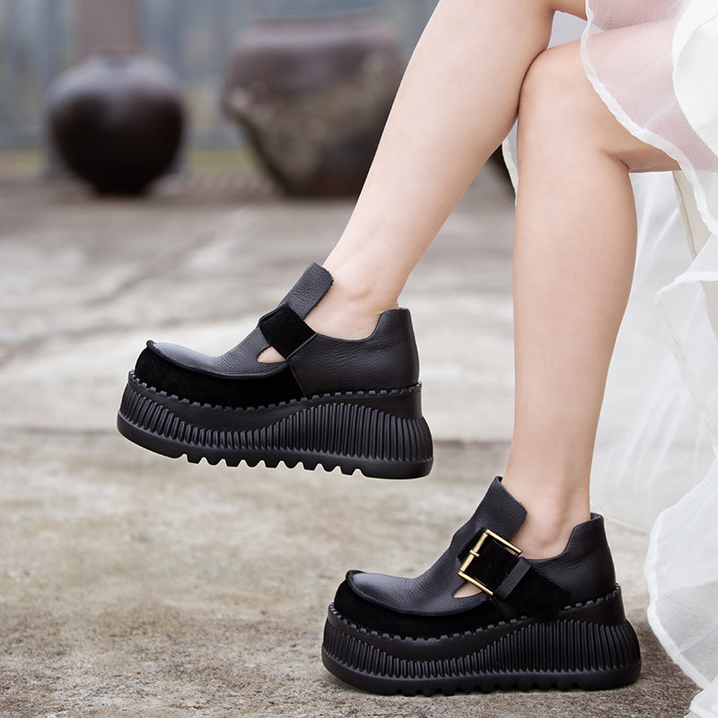 2026年春新款真皮松糕厚底深口单鞋女英伦风皮带扣增高显脚小女鞋,女鞋,深口单鞋,淘宝优惠券,粉丝福利购,淘宝优惠卷