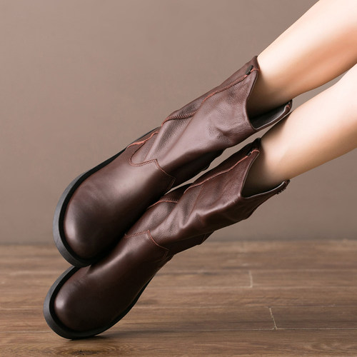 秋冬新款真牛皮平底中筒帅气单靴