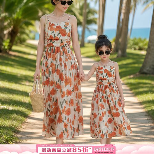 2026新款亲子装夏装海边旅游度假碎花港风衬衫波西米亚母女连衣裙