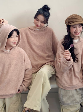 亲子装母女母子秋冬装韩系温柔连帽卫衣一家三口洋气软糯套头上衣