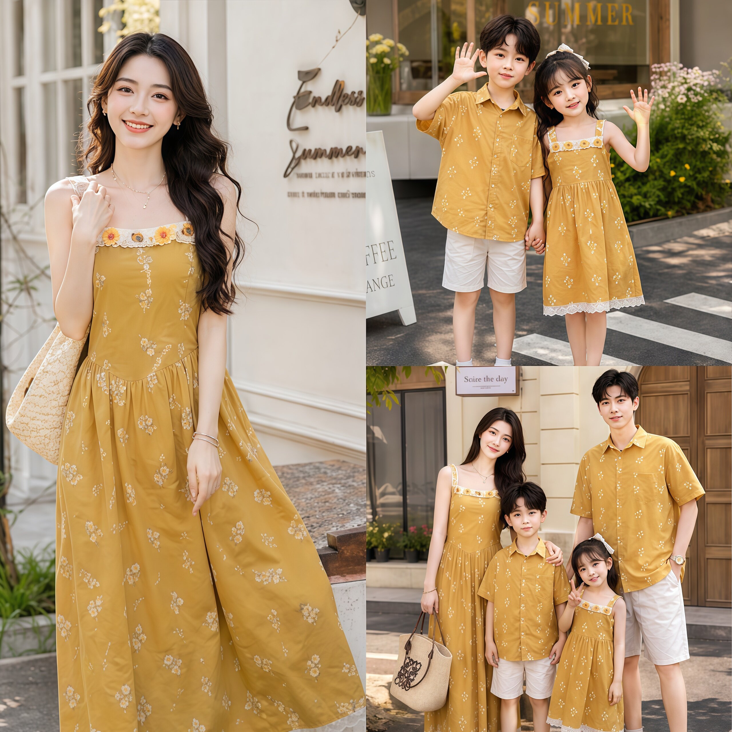海边度假母子黄色刺绣衬衫夏季三亚一家三口母女碎花连衣裙亲子装