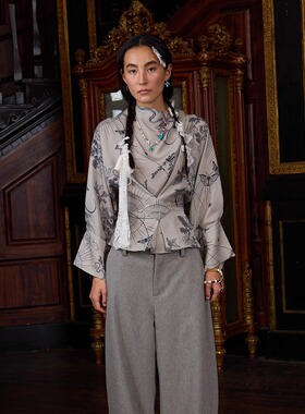 DEPLUMER 系腰荡领灰印花长袖