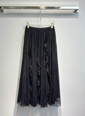 NKC.欧洲站小众英伦风雷丝边A字褶皱宽松大摆长裙网纱拼接半身裙