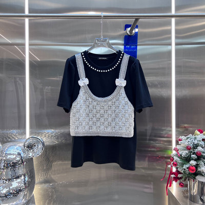 NKC.欧洲站小众BābyChìlling假两件背心上衣蕾丝吊带短袖T恤女