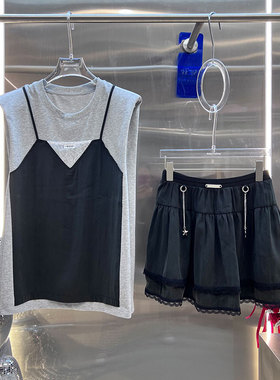 NKC.欧洲站小众BābyChìlling宽松垫肩假两件上衣高腰半裙套装女