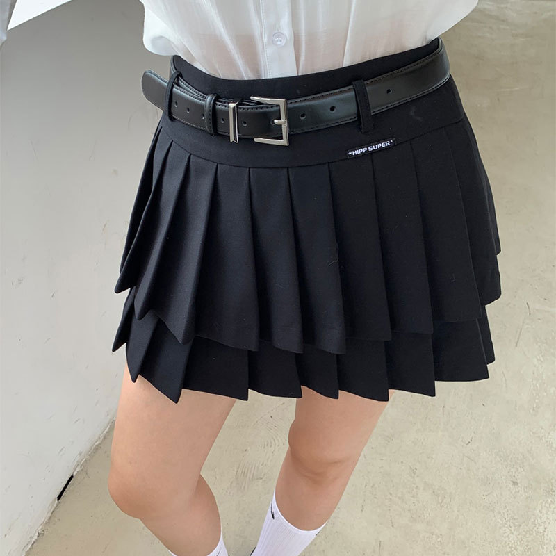 NKC.欧洲站小众南油高端英伦风双层压褶短裙皮带收腰时尚百褶半裙