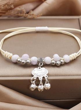 景德镇陶瓷冰裂手链手工编绳可调节民族风铃铛如意瓷珠手绳女