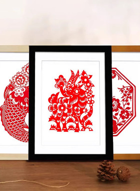 中式剪纸画框装裱8开4k十字绣相框挂墙手工刻纸作品实木框架A3a4