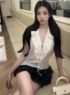 BlurIntoU【不能说的秘密】甜美法式层叠荷叶边度假慵懒背心上衣