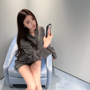 BlurIntoU【絕對miu感】格雷系条纹polo长袖上衣短裤套宽松韩版