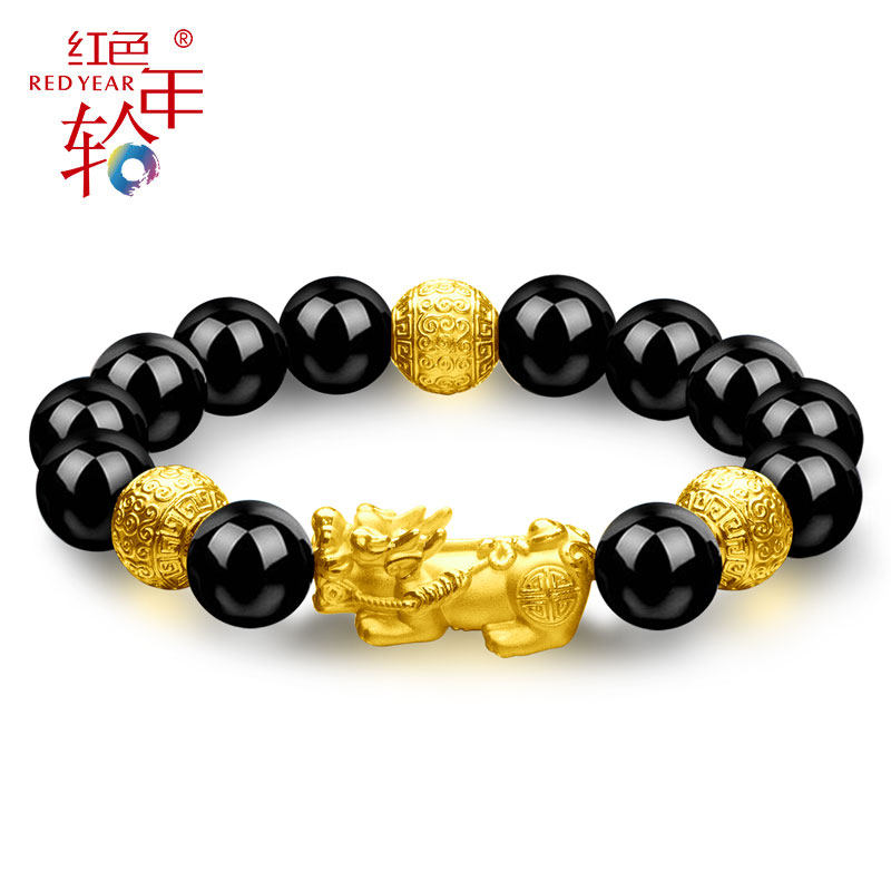红色年轮 黄金貔貅手链男士3D硬金999足金转运珠路路通貔貅手链女