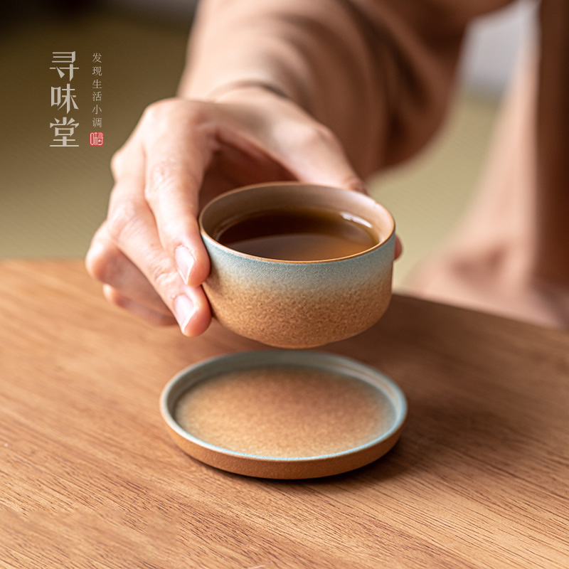 雅致陶器品茗杯杯垫｜复古窑变粗陶中式茶杯杯托家用陶瓷功夫茶具