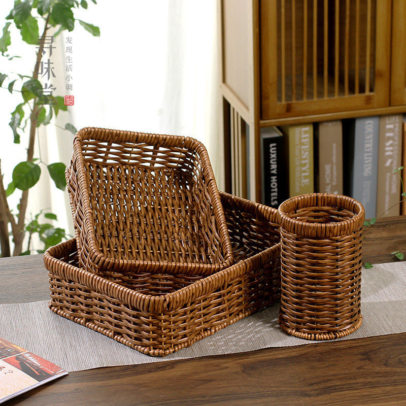 手工藤编收纳篮｜特色茶点零食水果篮圆形方形收纳盘茶室茶桌用品